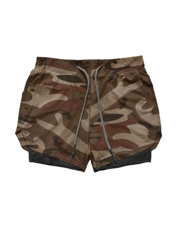 Men's camouflage gym shorts with double layer, loose fit, and multi-pocket design for sports and outdoor activities.