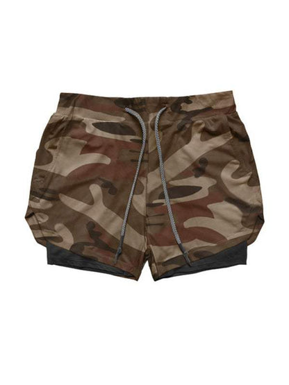 Men's camouflage gym shorts with double layer, loose fit, and multi-pocket design for sports and outdoor activities.