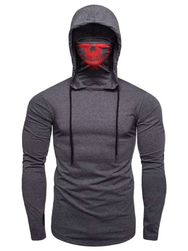 Men’s skull print hooded pullover T-shirt, long-sleeved cycling top with elastic mask, stylish all-season fitness wear.