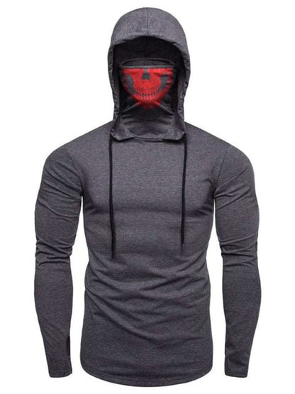 Men’s skull print hooded pullover T-shirt, long-sleeved cycling top with elastic mask, stylish all-season fitness wear.