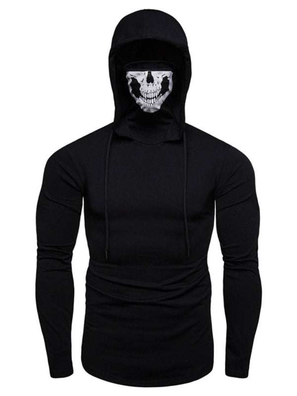 Skull Print Hooded Pullover T-Shirt for Men - Stylish Long-Sleeved Cycling Top with Elastic Mask for All-Season Fitness - MENLL