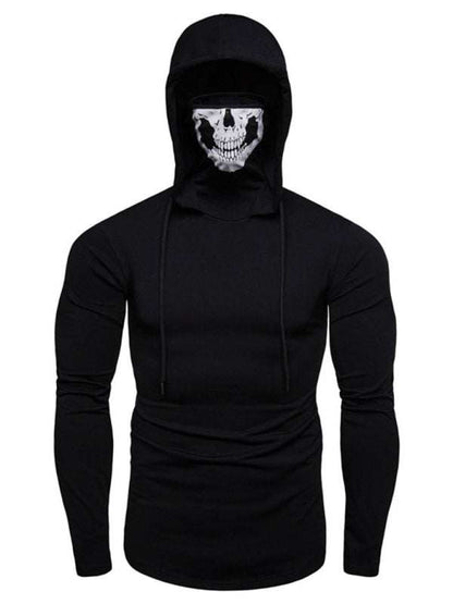 Skull Print Hooded Pullover T-Shirt for Men - Stylish Long-Sleeved Cycling Top with Elastic Mask for All-Season Fitness - MENLL
