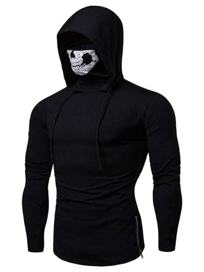 Skull Print Hooded Pullover T-Shirt for Men - Stylish Long-Sleeved Cycling Top with Elastic Mask for All-Season Fitness - MENLL
