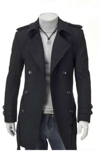Timeless Elegance: Men's Premium Wool Blend Double-Breasted Long Sleeve Trench Coat - MENLL