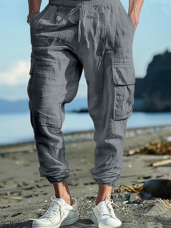 Relaxed Fit Solid Color Drawstring Trousers with Multi-Pocket Design and Casual Cuffs - MENLL
