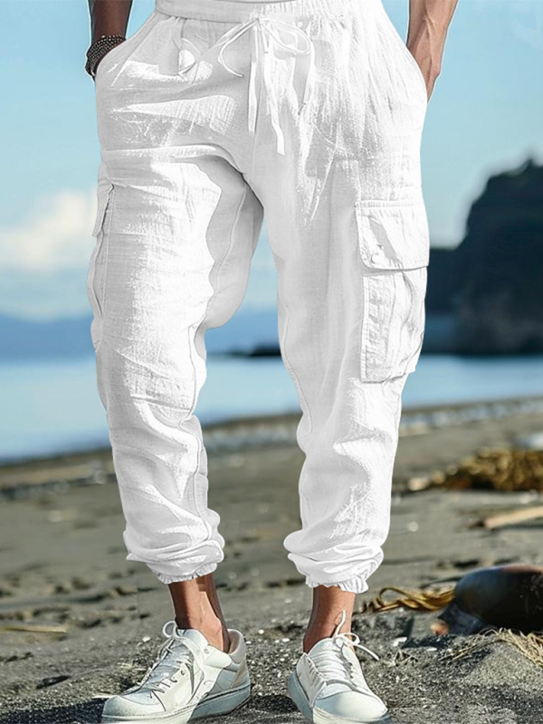 Relaxed Fit Solid Color Drawstring Trousers with Multi-Pocket Design and Casual Cuffs - MENLL