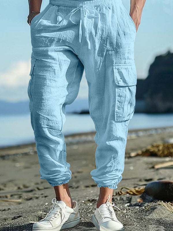 Relaxed Fit Solid Color Drawstring Trousers with Multi-Pocket Design and Casual Cuffs - MENLL