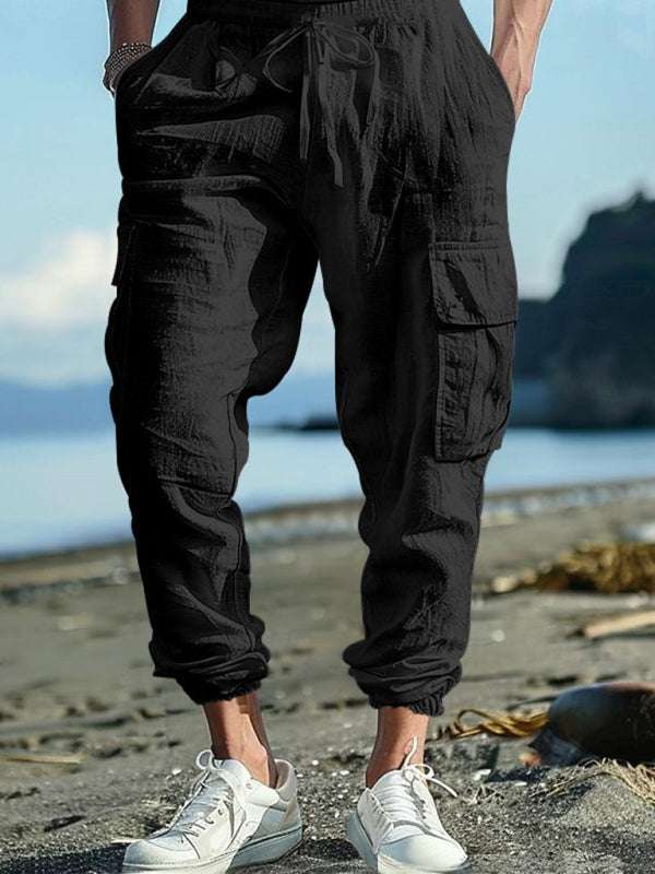 Relaxed Fit Solid Color Drawstring Trousers with Multi-Pocket Design and Casual Cuffs - MENLL