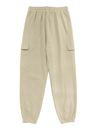 Relaxed Fit Solid Color Drawstring Trousers with Multi-Pocket Design and Casual Cuffs - MENLL