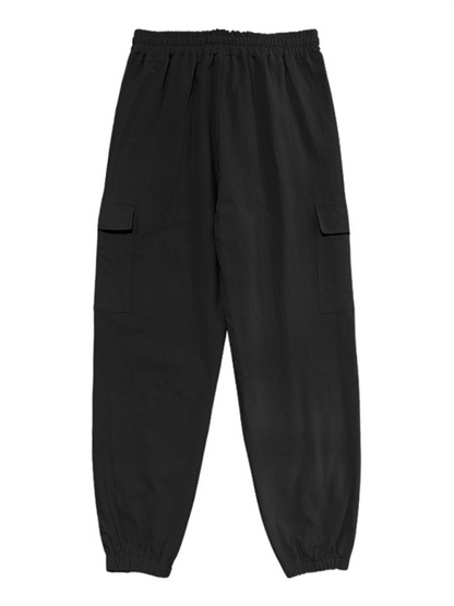 Relaxed Fit Solid Color Drawstring Trousers with Multi-Pocket Design and Casual Cuffs - MENLL