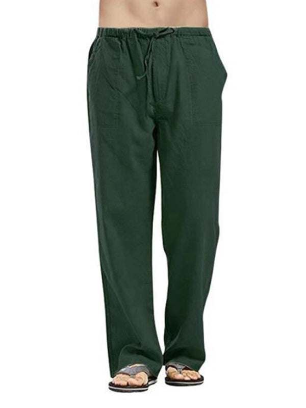Men's all-season linen casual trousers in green, featuring slant pockets and drawstring waist for relaxed fit.