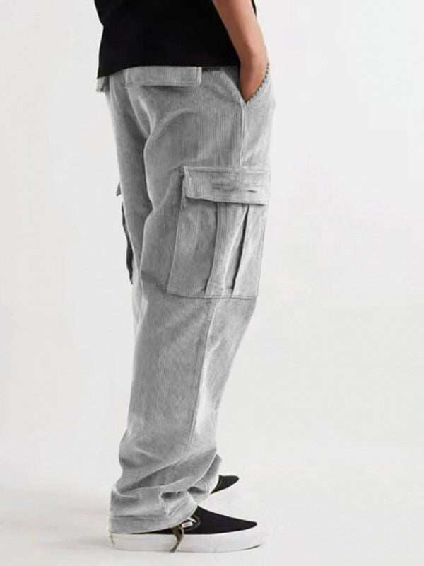 Corduroy multi-pocket straight-leg trousers for men in light grey, offering casual comfort and stylish functionality.