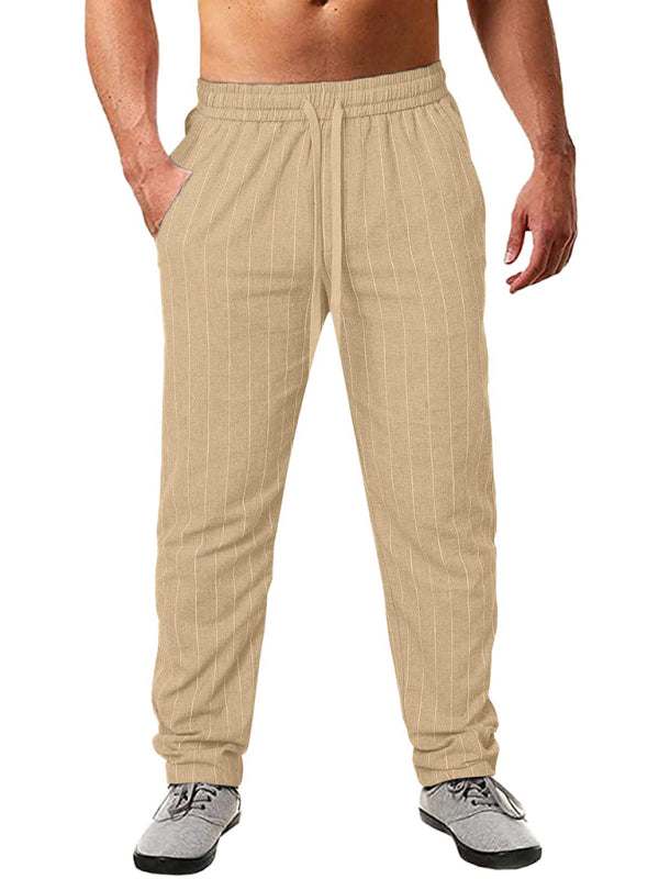Striped men's beach trousers with elastic waist and lace-up design.