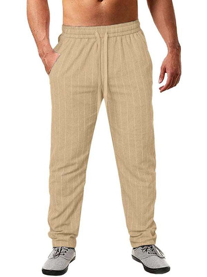 Striped men's beach trousers with elastic waist and lace-up design.