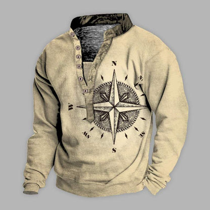 Men's stylish long sleeve tee with compass graphic design, soft polyester, perfect for spring-summer.