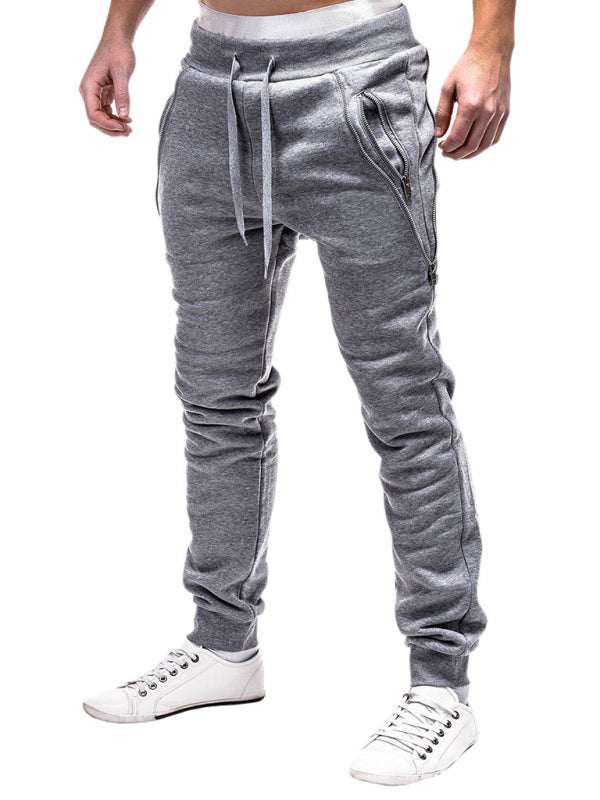 Men's fashion casual personalized zipper-trim trousers in gray with mid-waist fit.