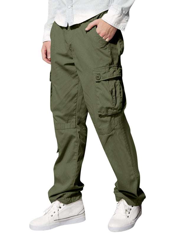 Men's versatile multi-pocket casual cargo pants in olive green, featuring a true-to-size fit, durable polyester-cotton blend, and lightweight design.