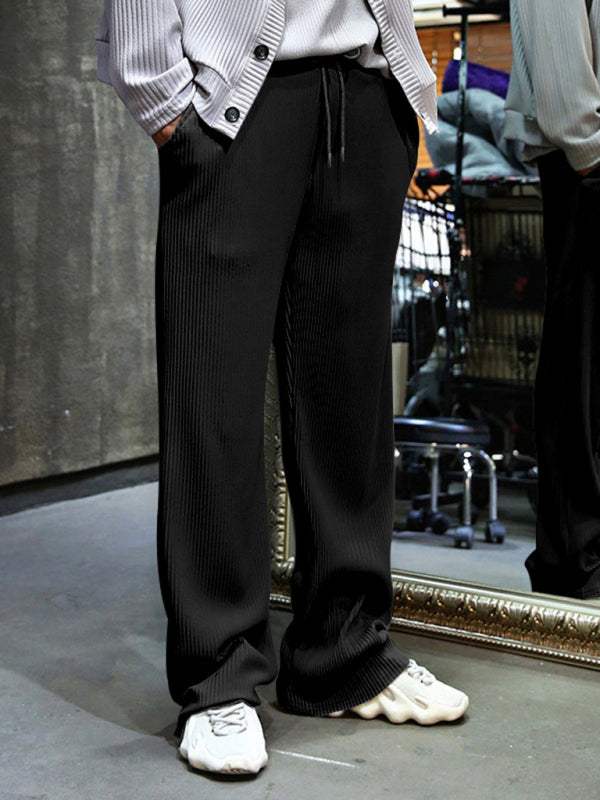Effortless Elegance: High-Waisted Wide-Leg Striped Trousers for Men - MENLL