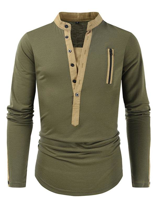 Men's outdoor tactical zipper colorblock Henley collar long sleeve T-shirt in green.