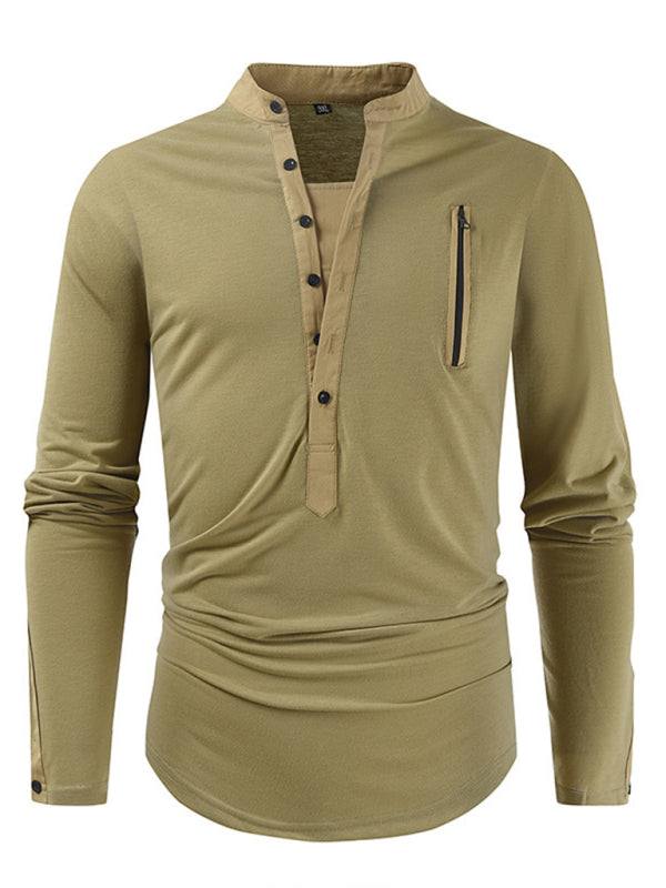 Men's Tactical Colorblock Henley Long Sleeve Tee - Versatile Outdoor Style with Zipper Detail - MENLL