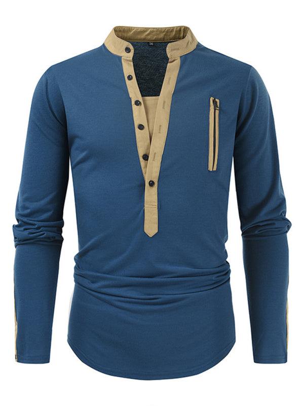 Men's Tactical Colorblock Henley Long Sleeve Tee - Versatile Outdoor Style with Zipper Detail - MENLL