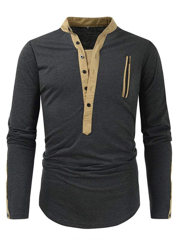Men's Tactical Colorblock Henley Long Sleeve Tee - Versatile Outdoor Style with Zipper Detail - MENLL