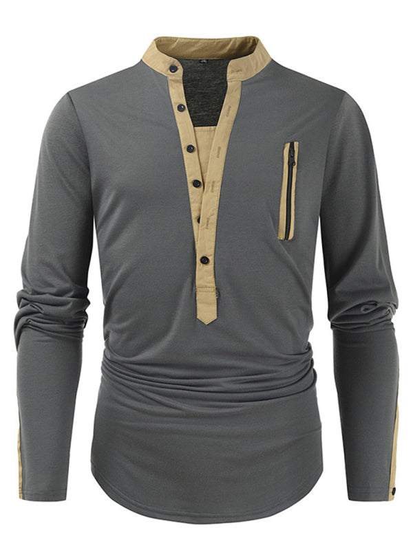 Men's Tactical Colorblock Henley Long Sleeve Tee - Versatile Outdoor Style with Zipper Detail - MENLL