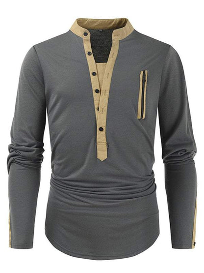 Men's Tactical Colorblock Henley Long Sleeve Tee - Versatile Outdoor Style with Zipper Detail - MENLL