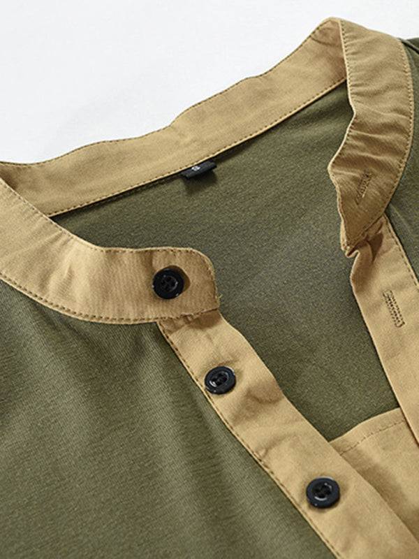 Men's Tactical Colorblock Henley Long Sleeve Tee - Versatile Outdoor Style with Zipper Detail - MENLL