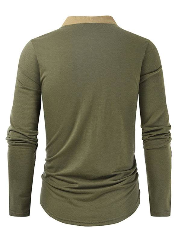 Men's Tactical Colorblock Henley Long Sleeve Tee - Versatile Outdoor Style with Zipper Detail - MENLL