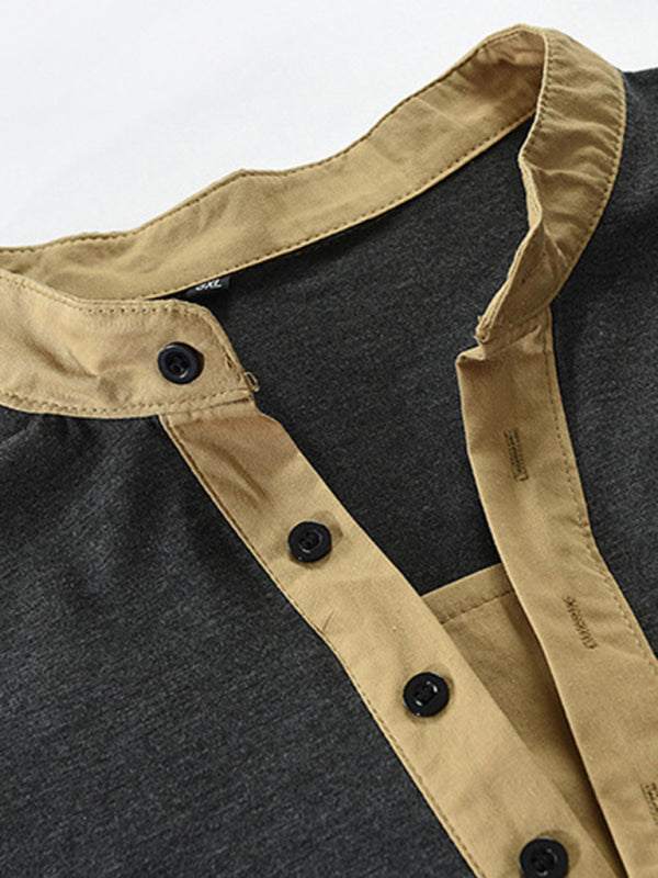 Men's Tactical Colorblock Henley Long Sleeve Tee - Versatile Outdoor Style with Zipper Detail - MENLL