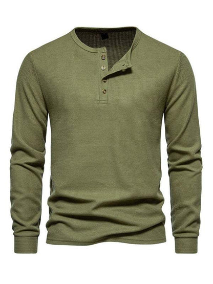 Men's four-button waffle henley neck long sleeve t-shirt in olive green.