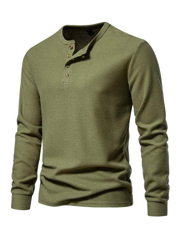 Stylish Men's Waffle Knit Long Sleeve Henley T-Shirt with Four Buttons