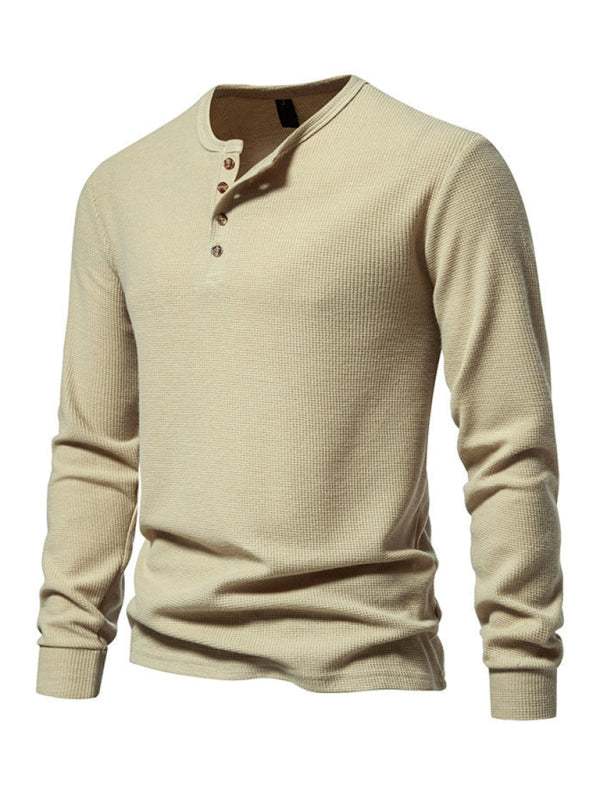 Stylish Men's Waffle Knit Long Sleeve Henley T-Shirt with Four Buttons