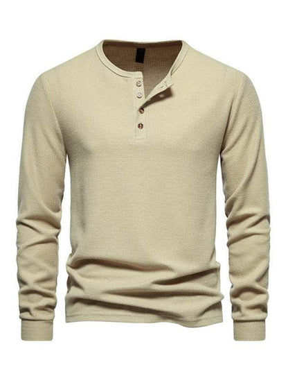 Stylish Men's Waffle Knit Long Sleeve Henley T-Shirt with Four Buttons