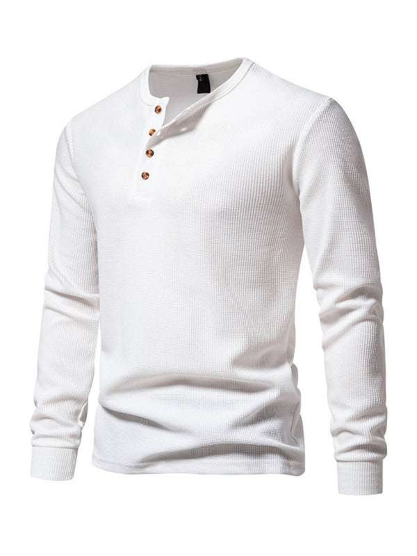 Stylish Men's Waffle Knit Long Sleeve Henley T-Shirt with Four Buttons