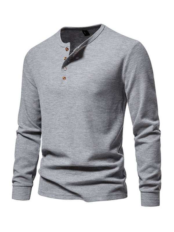 Stylish Men's Waffle Knit Long Sleeve Henley T-Shirt with Four Buttons