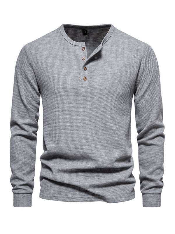 Stylish Men's Waffle Knit Long Sleeve Henley T-Shirt with Four Buttons