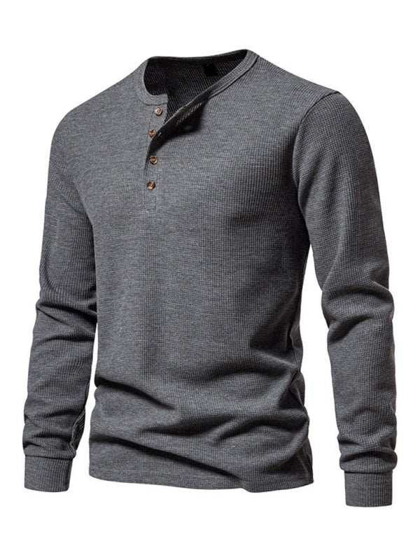 Stylish Men's Waffle Knit Long Sleeve Henley T-Shirt with Four Buttons