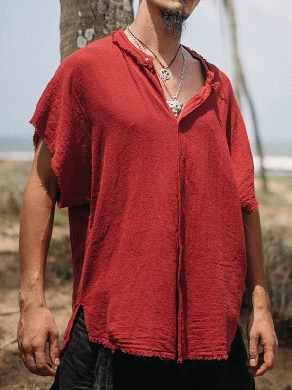 Men's cotton linen short sleeve cardigan in solid red color, casual loose fit.