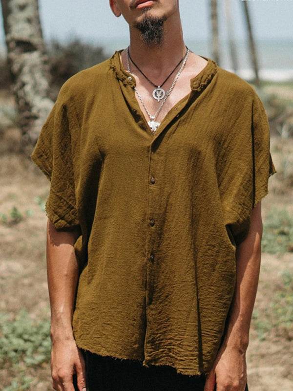 Stylish Men's Casual Short Sleeve Linen-Blend Cardigan - Lightweight Solid Color T-Shirt for Effortless Comfort and Confidence - MENLL