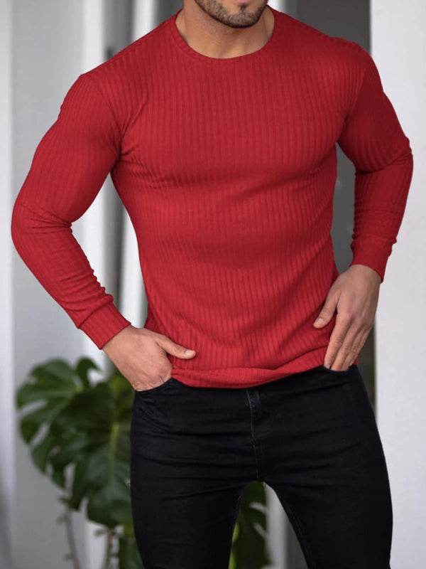 Long-sleeve t-shirt with vertical stripes, red, round neck, fitness casual style.