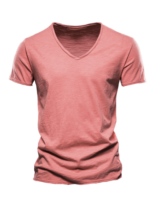 Men's solid color slub cotton V-neck short sleeve T-shirt.