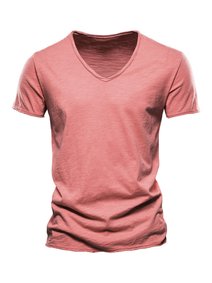 Men's solid color slub cotton V-neck short sleeve T-shirt.