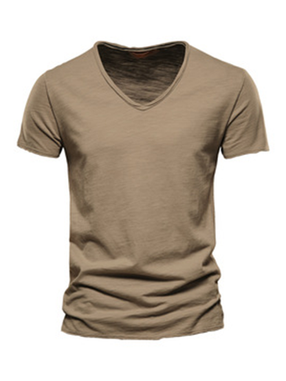 Men's Stylish Solid Slub Cotton V-Neck Tee - Perfect for Spring-Summer Leisure - MENLL