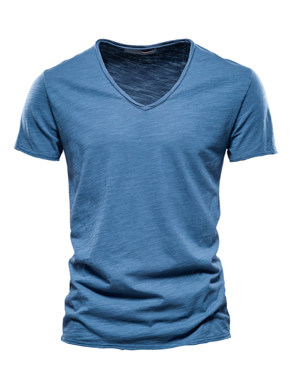 Men's Stylish Solid Slub Cotton V-Neck Tee - Perfect for Spring-Summer Leisure - MENLL