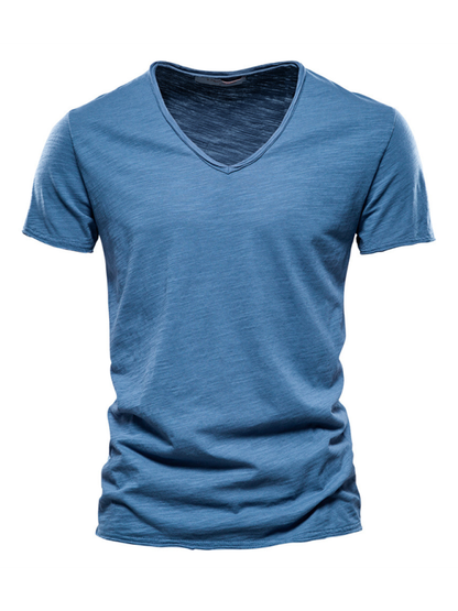Men's Stylish Solid Slub Cotton V-Neck Tee - Perfect for Spring-Summer Leisure - MENLL