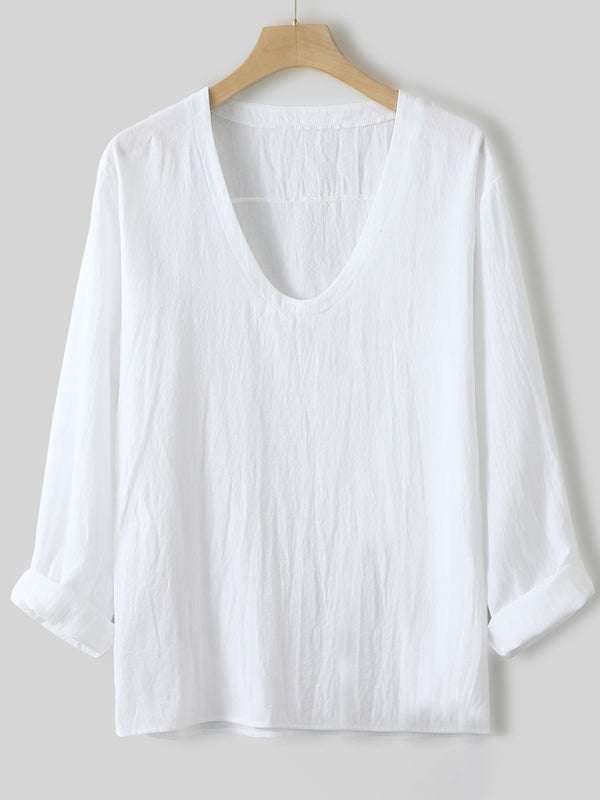 Men's V-Neck Long Sleeve Washed Cotton T-Shirt in Solid White, breathable and lightweight.