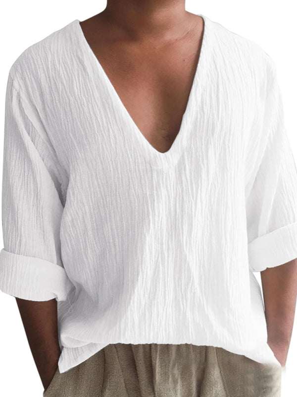 Elevated Comfort: Men's V-Neck Long Sleeve Washed Cotton T-Shirt in Versatile Solid Colors - MENLL