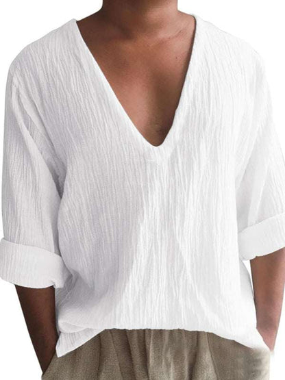 Elevated Comfort: Men's V-Neck Long Sleeve Washed Cotton T-Shirt in Versatile Solid Colors - MENLL